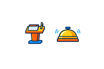Fototapeta premium Desk and bell icons represent tasks and communication in a working environment at a conference or hotel setting