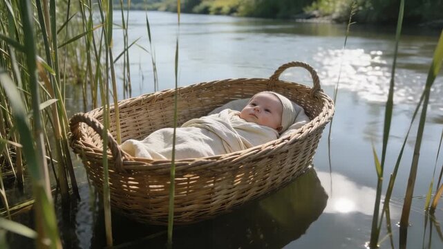 Baby Moses in wicker basket floating on Nile river among reeds