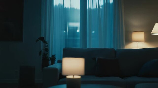 Cozy table lamp casting a soft, comforting glow on a dark wooden table, illuminating an inviting living room at late night, creating a peaceful and serene atmosphere