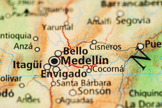 Detailed map close up highlighting Medellin and Bello Colombia area.
