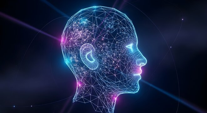 A futuristic glowing wireframe human head representing AI, data, and digital consciousness.