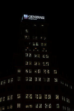 Generali insurance office at night, Barcelona, Catalonia, Spain