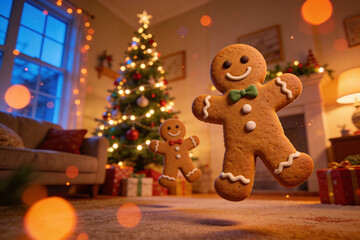 Obraz premium Gingerbread cookies with smiling faces and bow ties stand on carpet in cozy living room decorated with Christmas tree, lights, and presents. Festive holiday baking and celebration concept.