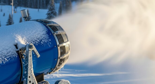 Snow making machine in winter landscape.