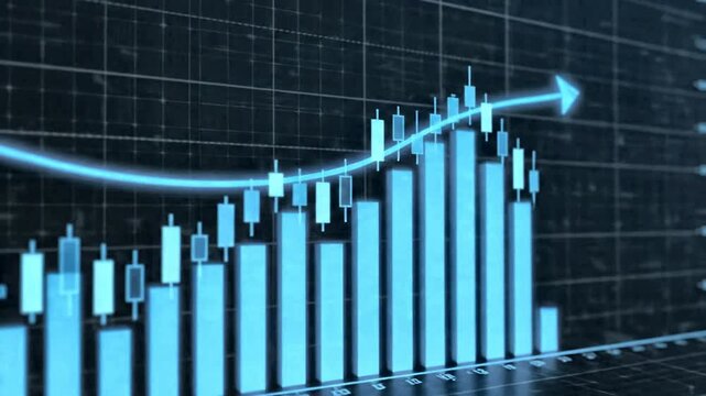Blue candlestick chart with a rising trend line and grid background graph business