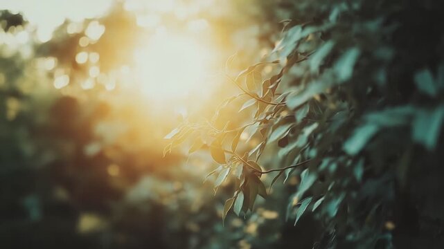 Fresh green leaves bathed in warm golden hour sunlight, soft bokeh background creating a serene, tranquil atmosphere perfect for nature and spring themes