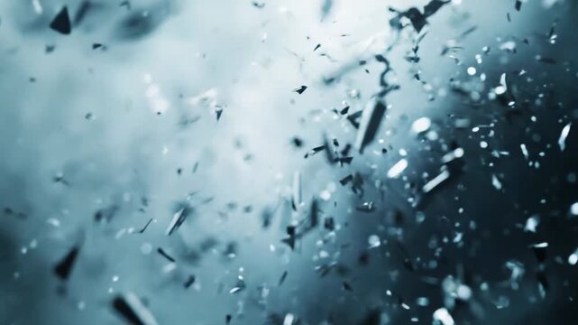 Glass fragments explode outward in dynamic motion, sharp shards and particles scattering against a gradient light background, conveying energy, chaos and destructive impact