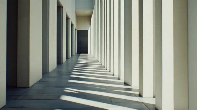 Modern architectural corridor featuring strong parallel columns casting dramatic striped shadows across the floor, creating a sense of depth, perspective, and minimalist design