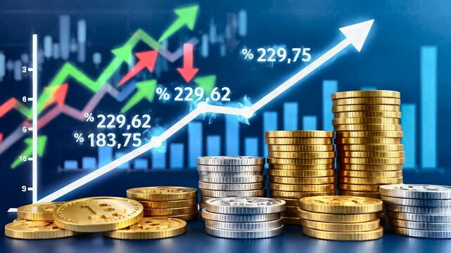 Stacks of gold and silver coins with stock market graph in background gold coins finance