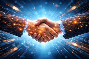 A dynamic handshake between two individuals, where their arms and hands are intricately composed of glowing digital circuits and sparkling data streams, dramatically illuminated by bursts of golden  