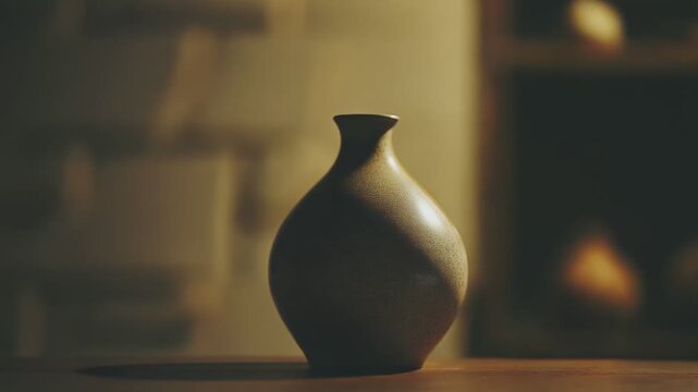Handcrafted speckled ceramic vase presenting a minimalist design with a textured finish, standing on a smooth wooden surface against a soft, blurred background, evoking calm and artistry
