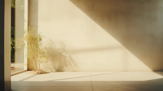 Empty modern room showcasing a plant next to a large window, with warm sunlight creating a dramatic diagonal shadow pattern across the textured bare wall and tiled floor