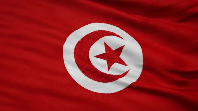 Tunisian National Flag Waving with Crescent and Star Emblem