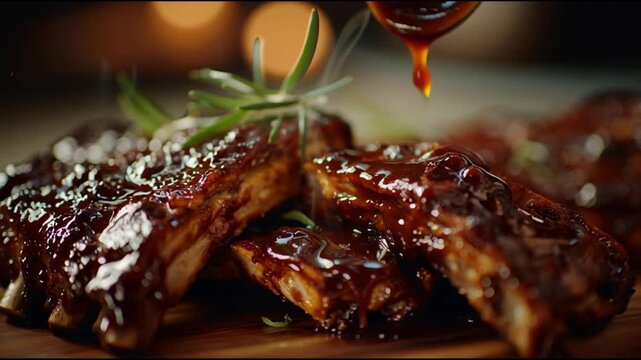 Glazed ribs on wooden cutting board.