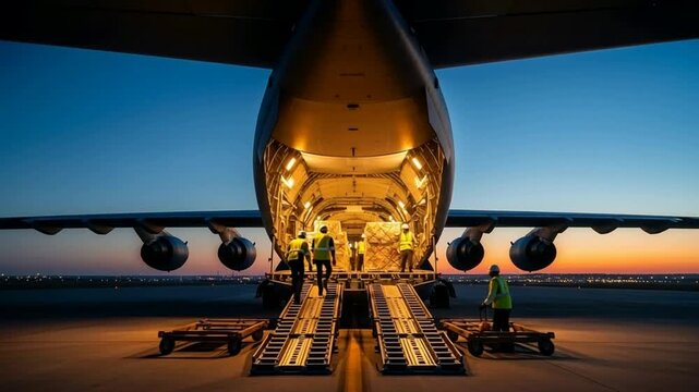 Cargo plane loading packages on runway at dusk with workers in visibility vests airplane aircraft