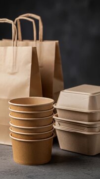 Ecofriendly packaging display: sustainable containers and kraft bags in movement