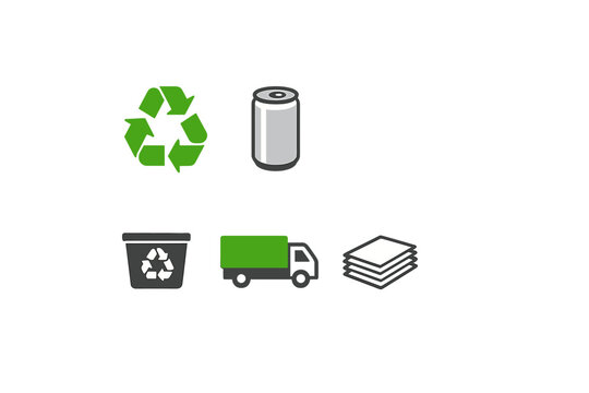 Information about recycling symbols and waste management in a simple graphic design showing various recyclable items and vehicles