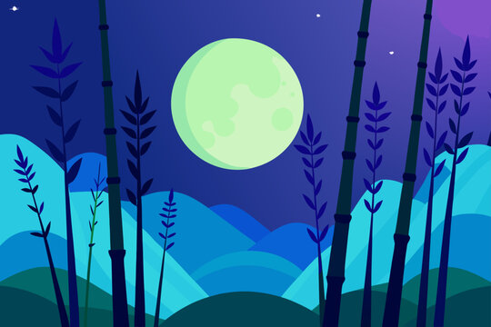 night scene features tall bambo