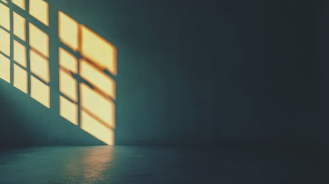 Warm sunlight pouring through a window creating a distinctive grid shadow pattern on the textured wall and concrete floor of a minimalist, empty room, evoking themes of hope and solitude