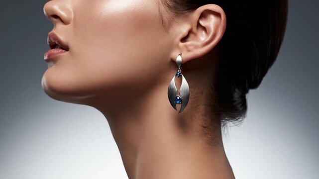 Profile portrait showcases a sophisticated woman elegantly wearing a modern silver teardrop earring featuring small blue gemstones.