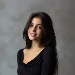 Fototapeta premium smiling young woman portrait with soft lighting and copy space, minimal headshot of young woman looking at camera on gray background, clean beauty portrait of smiling female face with neutral backdrop