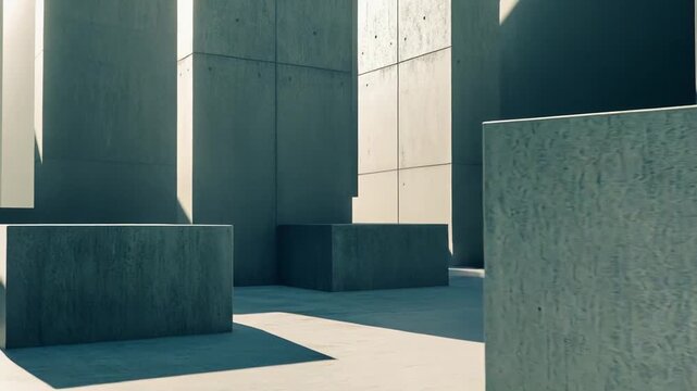 Abstract architectural design showcasing a minimalist labyrinth of concrete blocks and columns bathed in harsh sunlight, creating strong geometric shadows and a modern, structural aesthetic