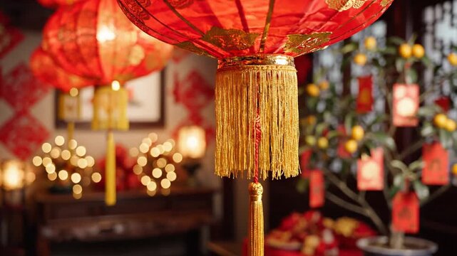 Vibrant Chinese New Year decorations with red lanterns and kumquat tree