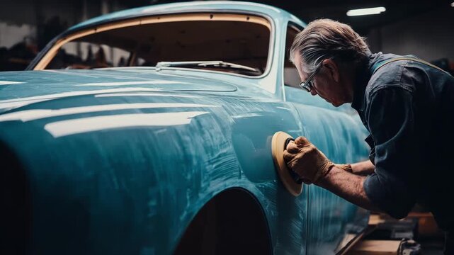 Medium shot of a craftsman meticulously sanding the body of a classic car preparing it for a flawless paint finish in a vintage auto restoration garage.