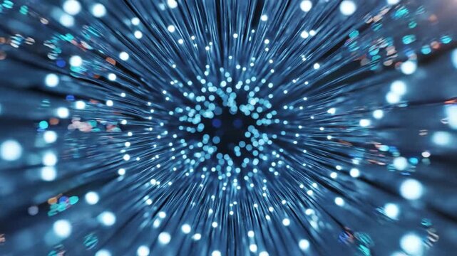 Abstract blue light streaks glowing particles digital network tunnel motion background technology concept
