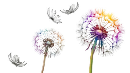 Obraz premium Vibrant dandelion flowers dispersing seeds in colorful motion