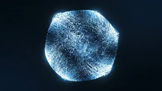 Abstract blue particle cube forming dissolving energy flow digital network data stream futuristic technology concept glowing light particles motion background