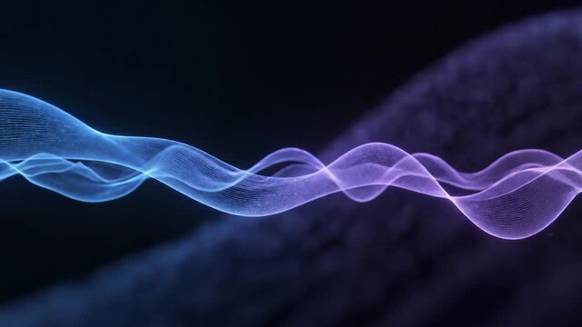 Abstract flowing luminous waves of blue and purple light particles creating a mesmerizing digital network or energy flow on a dark background perfect for technology science or futuristic concepts