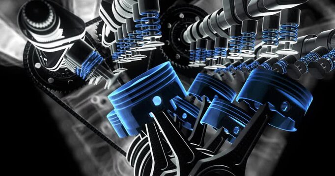 Automotive Engineering Wireframe Car Working V8 Engine Visualization. Industry And Technology Related 3D Animation.