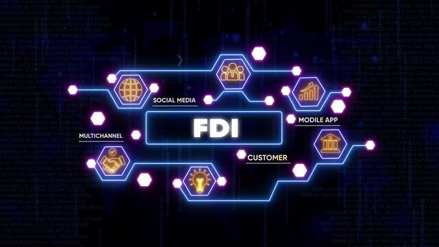F D I Concept with Neon Infographic and Representing Multichannel Customer Engagement through Social Media Mobile App and Global Connectivity
