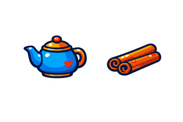 Obraz premium Stylized blue teapot with a heart design and two rolled cinnamon sticks for hot beverages