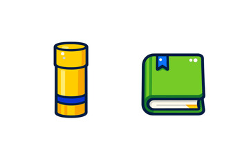 Yellow glue stick and closed green textbook with a bookmark, essential school items
