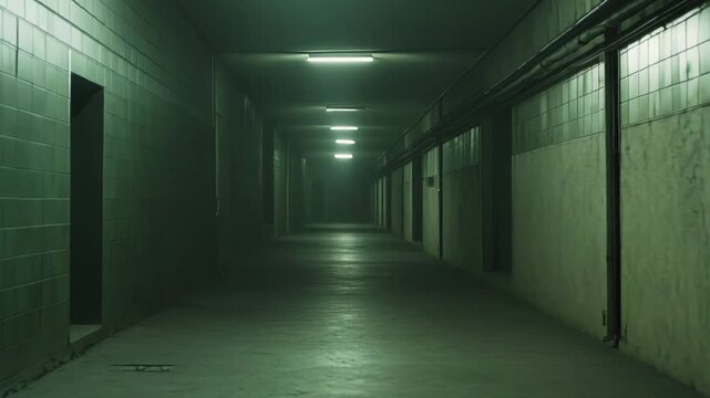 Dark endless corridor with sparse fluorescent lighting illuminating textured walls and a concrete floor, creating an unnerving atmosphere of isolation and anxiety