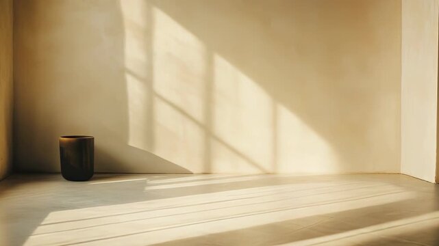 Minimalist interior featuring an uncluttered beige room with sunlight streaming through a window, casting strong linear shadows across the wall and floor, creating a serene and spacious atmosphere