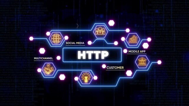 H T P Concept with Neon and Connections on Dark Background for Business Technology and Communication
