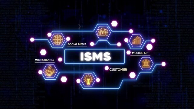 Information Security Management System I S M S Concept with Neon and Keywords like Social Media, Mobile App, and Customer on Dark Background with Binary Code
