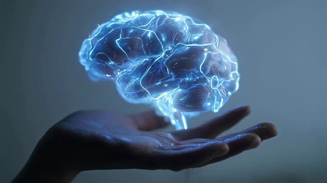 Glowing blue holographic brain projection floating above open human hand in futuristic technology concept