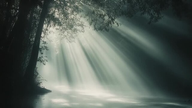 Forest trees lining a serene body of water with thick fog and atmospheric sunbeams breaking through the canopy, creating a mystical and tranquil natural scene