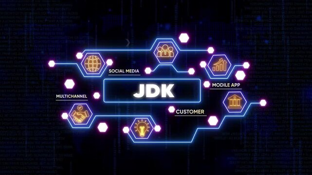 J D K Technology Concept with Neon Infographic and for Business, Marketing, and Customer Engagement