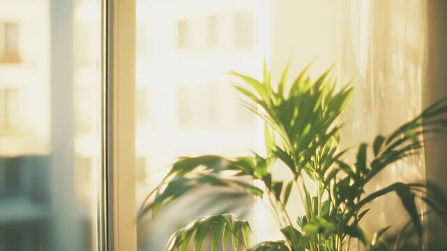 Green parlor palm plant sitting on a window sill, receiving warm evening sunlight casting long shadows on the wall, creating a peaceful and serene atmosphere