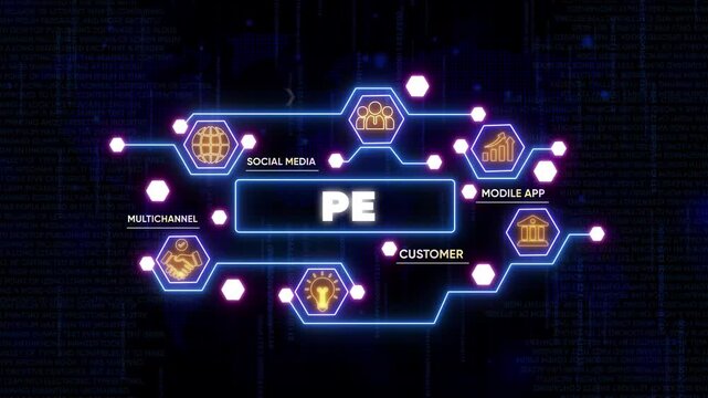 Business Technology Concept with P E Connecting Social Media, Mobile App, Customer, and Multichannel on Dark Background with Neon Lights