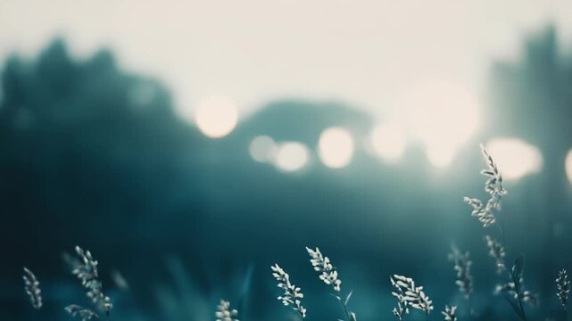 Wild grass stalks with seed heads backlit by diffuse sunlight, creating a tranquil nature background with glowing bokeh circles and a peaceful, ethereal atmosphere