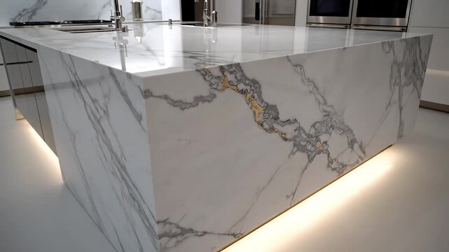 A sleek marble kitchen island with modern appliances viewed from a low angle, showcasing its luxurious design and illuminated base in a contemporary kitchen setting