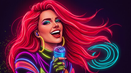 Obraz premium Woman singer with red neon hair performing loudly. Vocalist holding illuminated microphone. Music concert, live performance, DJ party concept.