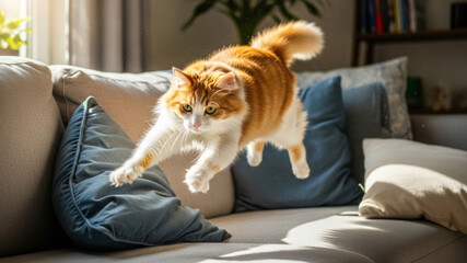 Orange and white cat jumping over sofa cushions. Domestic pet playing indoors. Joyful feline animal behavior for pet care concept.