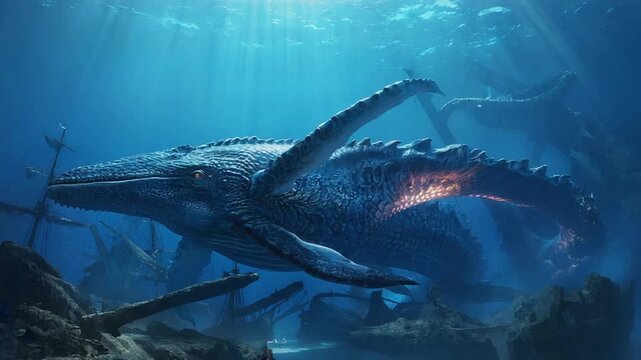 Underwater scene of a large aquatic dinosaur swimming near shipwrecks in the ocean with sunlight filtering through the water